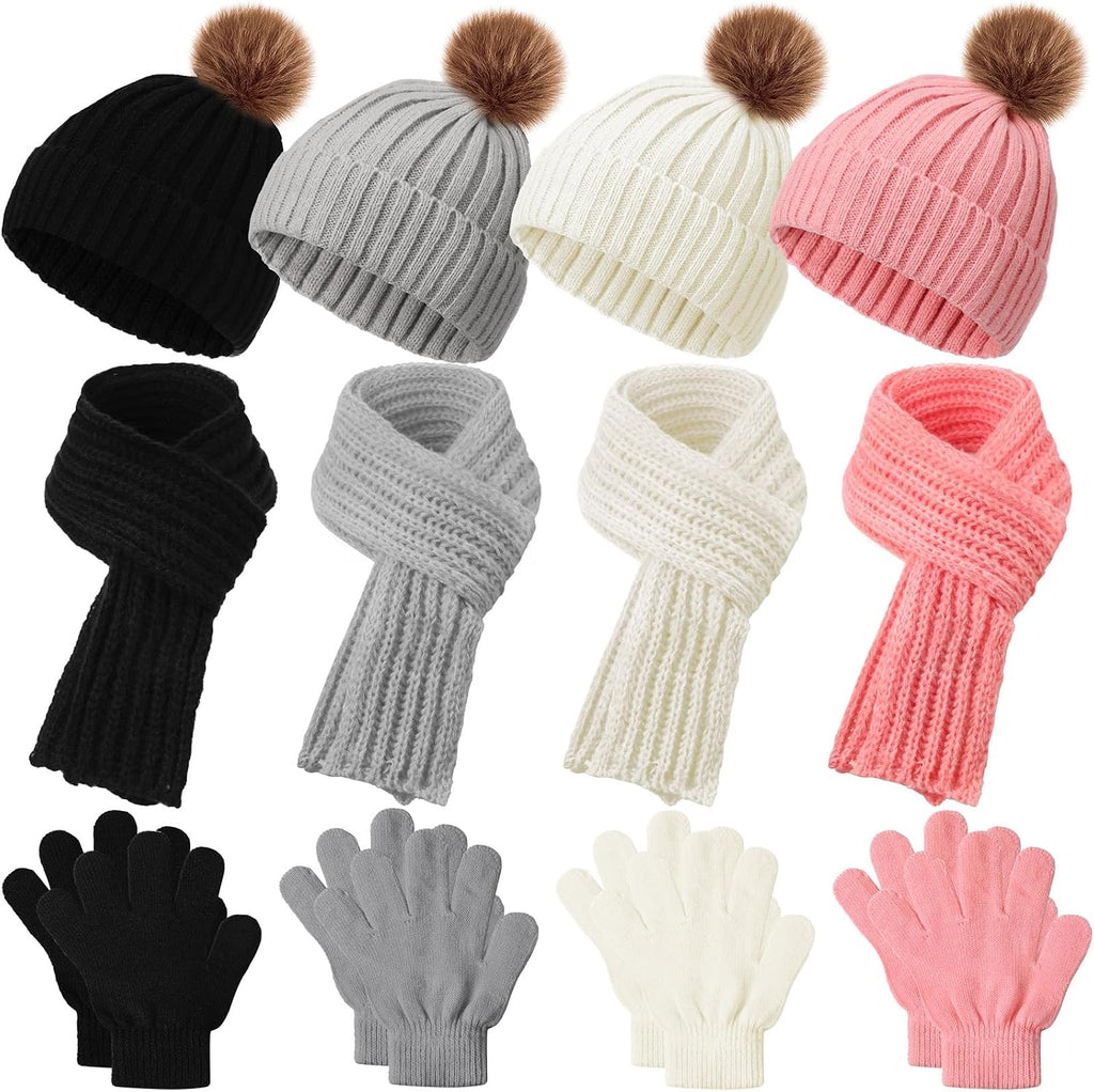 4 Sets Kids Winter Hat Gloves Scarf Set Girls Boys Knit Hat Long Scarf Snow Gloves Outdoor for Toddler