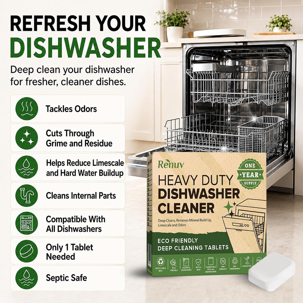 Heavy Duty Dishwasher Cleaner & Deodorizer, Descaler, 12 XL Tablets