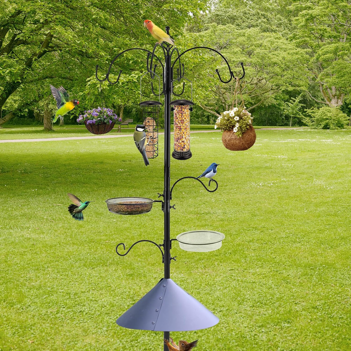 Deluxe Bird Feeding Station Kit Bird Feeder Pole with Squirrel Baffle, Suet Cage, Bath Tray for Planter Hanger