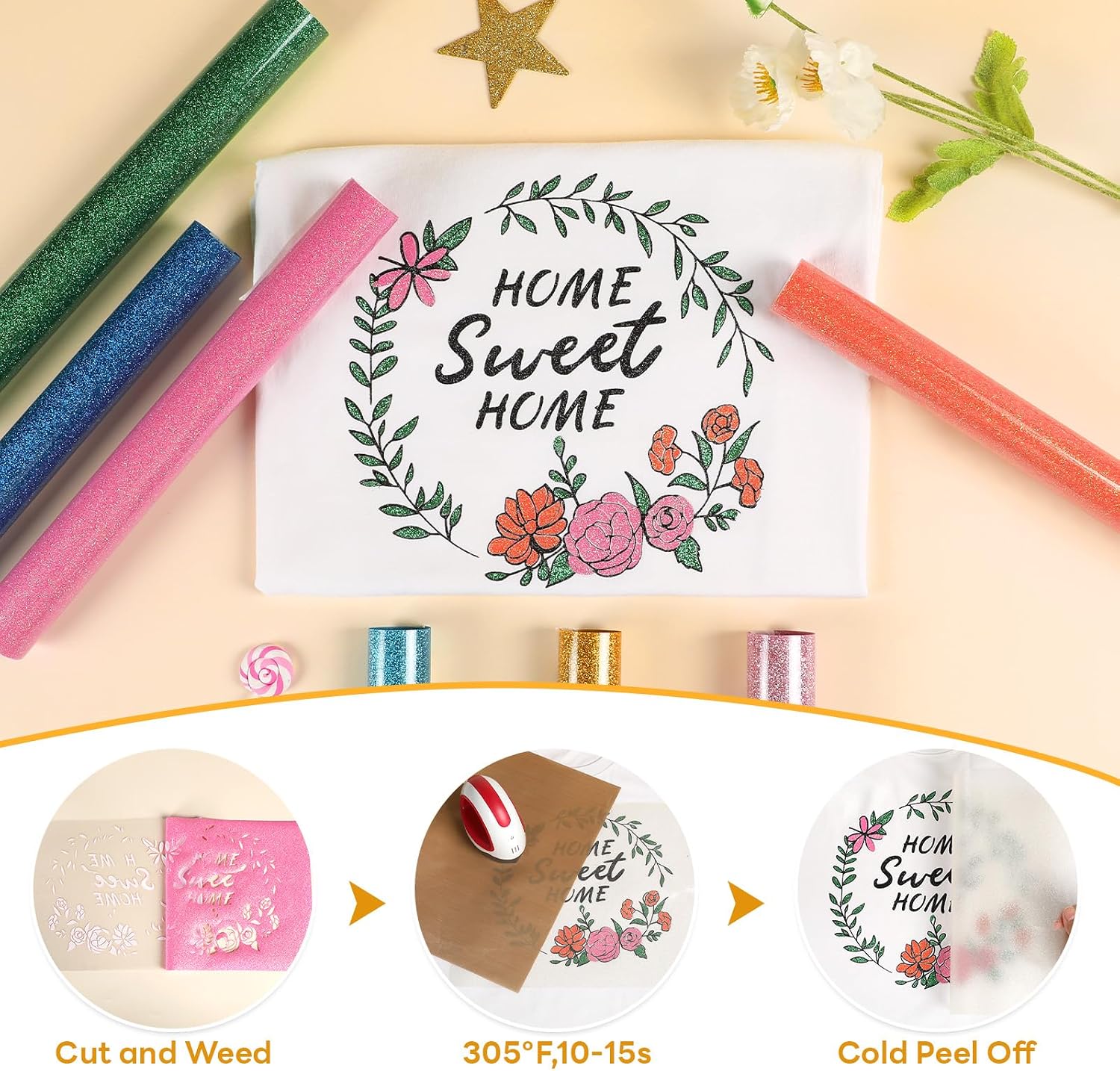 Glitter HTV Heat Transfer Vinyl - 13 Sheets 12" x 10" | Glitter Iron On Vinyl for T-Shirts, Sparkle HTV Compatible