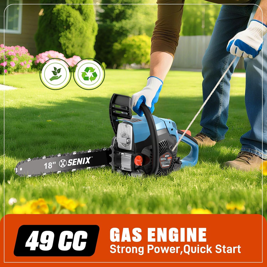 4-Cycle 18-Inch Gas Chainsaw | 49cc Cordless Chain Saw for Wood Cutting, Tree Trimming, Farm & Home Garden Use | No