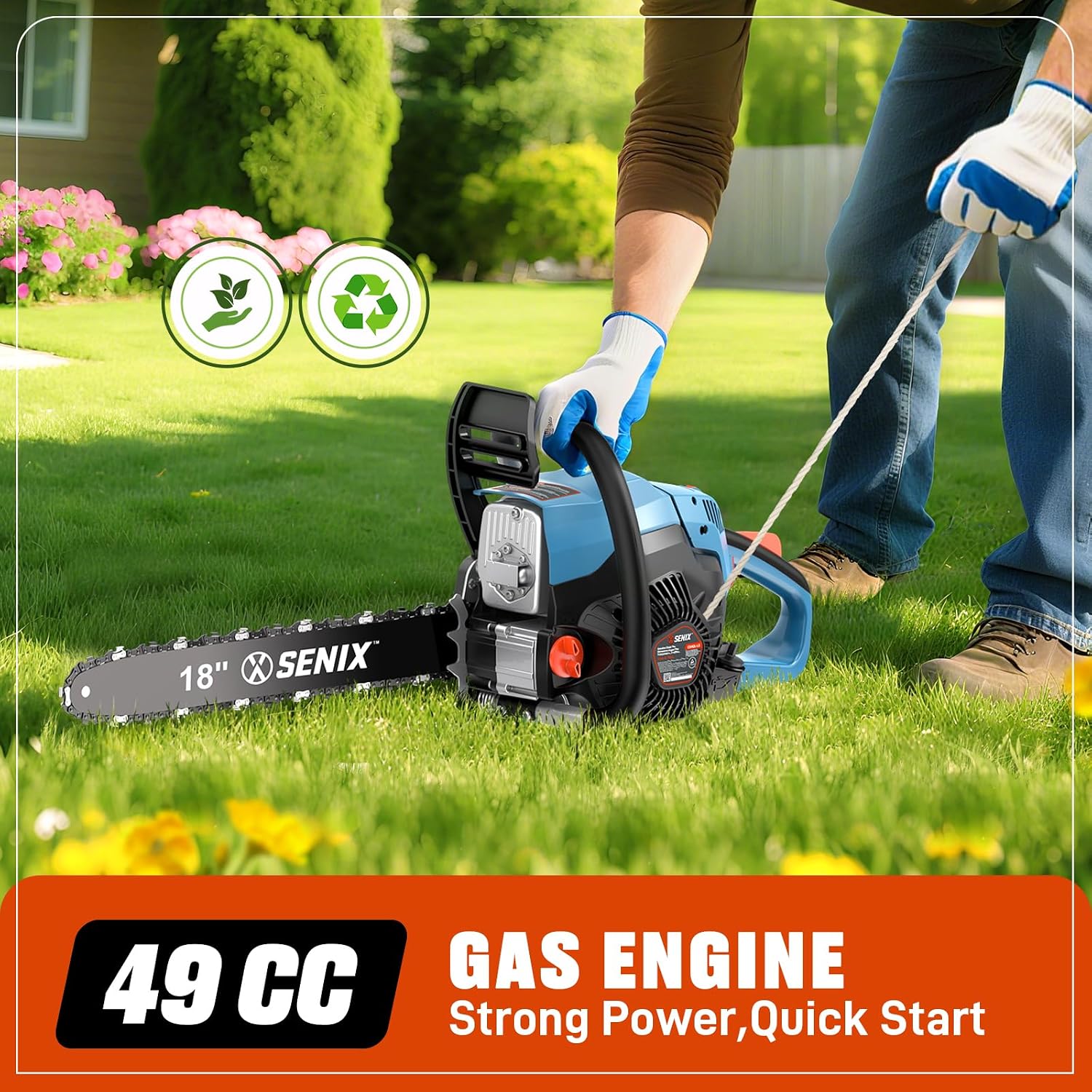 4-Cycle 18-Inch Gas Chainsaw | 49cc Cordless Chain Saw for Wood Cutting, Tree Trimming, Farm & Home Garden Use | No