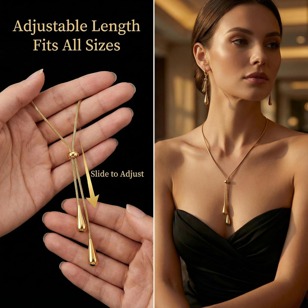 Gold Plated Teardrop Jewelry Set for Women - Hypoallergenic Adjustable Lariat Necklace & Earrings - Minimalist