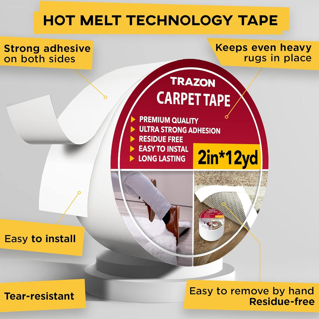 Carpet Tape Double Sided - Rug Tape Grippers for Hardwood Floors and Area Rugs - Carpet Binding Tape Strong Adhesive