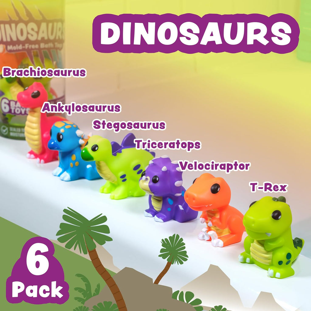 Dinosaur Mold Free Bath Toys, 6 Pack | Sealed, No Hole Bath Toys Design Keeps Moisture Out | Soft, Squeezable & Float