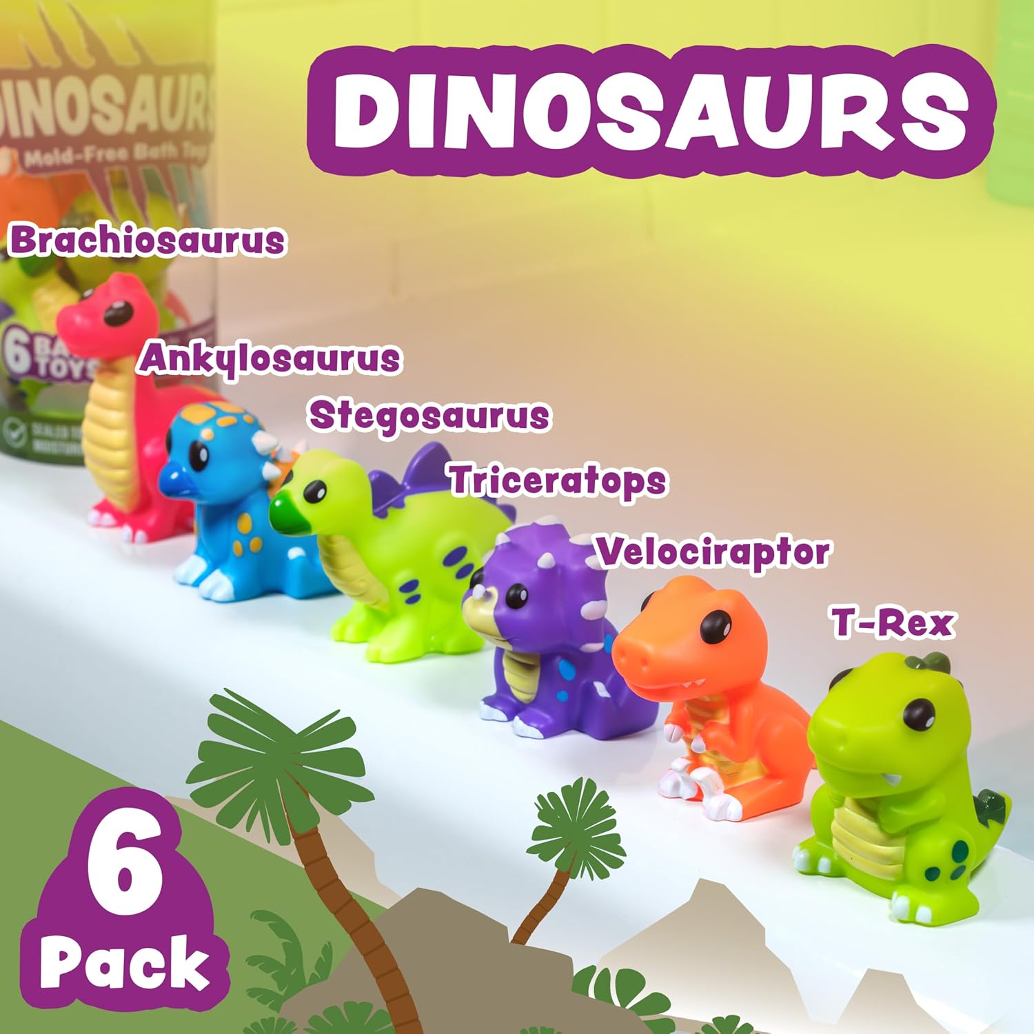 Dinosaur Mold Free Bath Toys, 6 Pack | Sealed, No Hole Bath Toys Design Keeps Moisture Out | Soft, Squeezable & Float