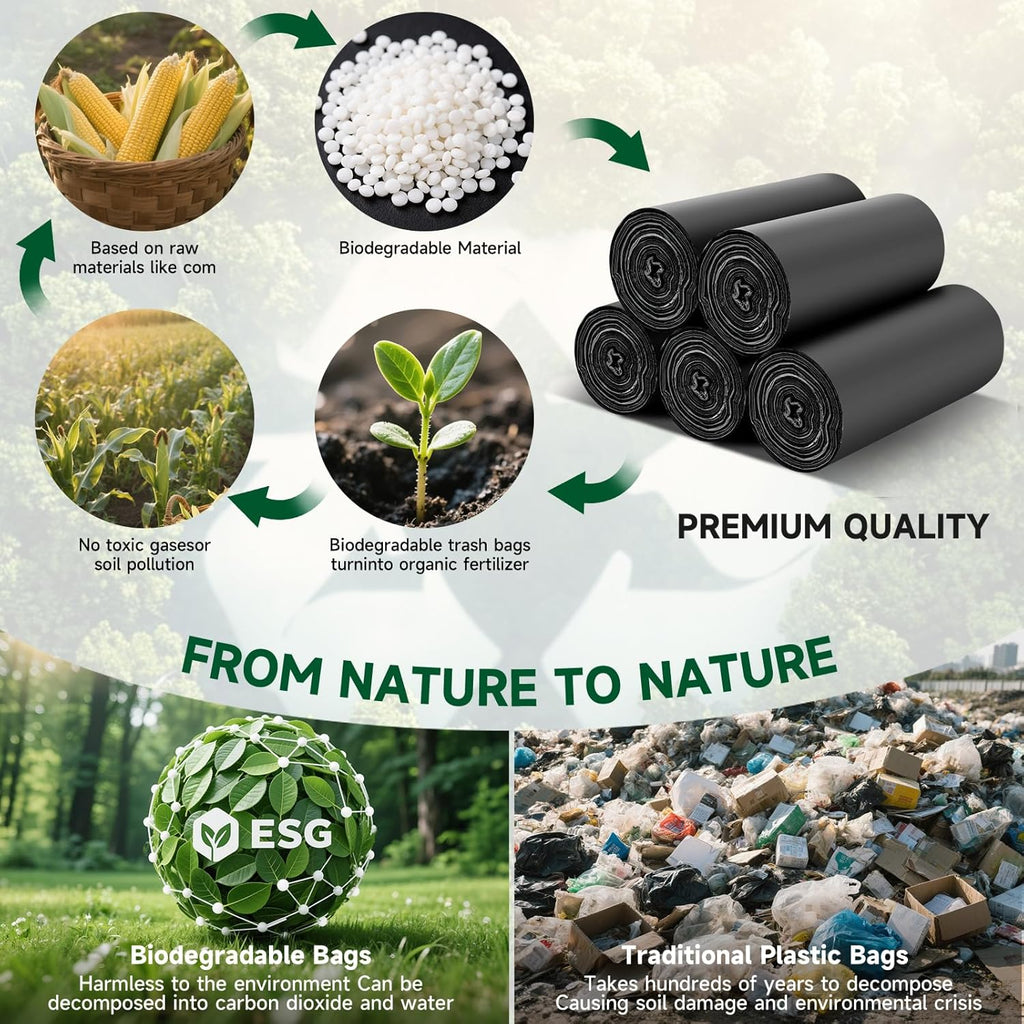 6 Gallon Heavy-Duty Trash Bags - heihaily Biodegradable Black Medium Kitchen Garbage Bag Unscented Rip Resistant Bulk