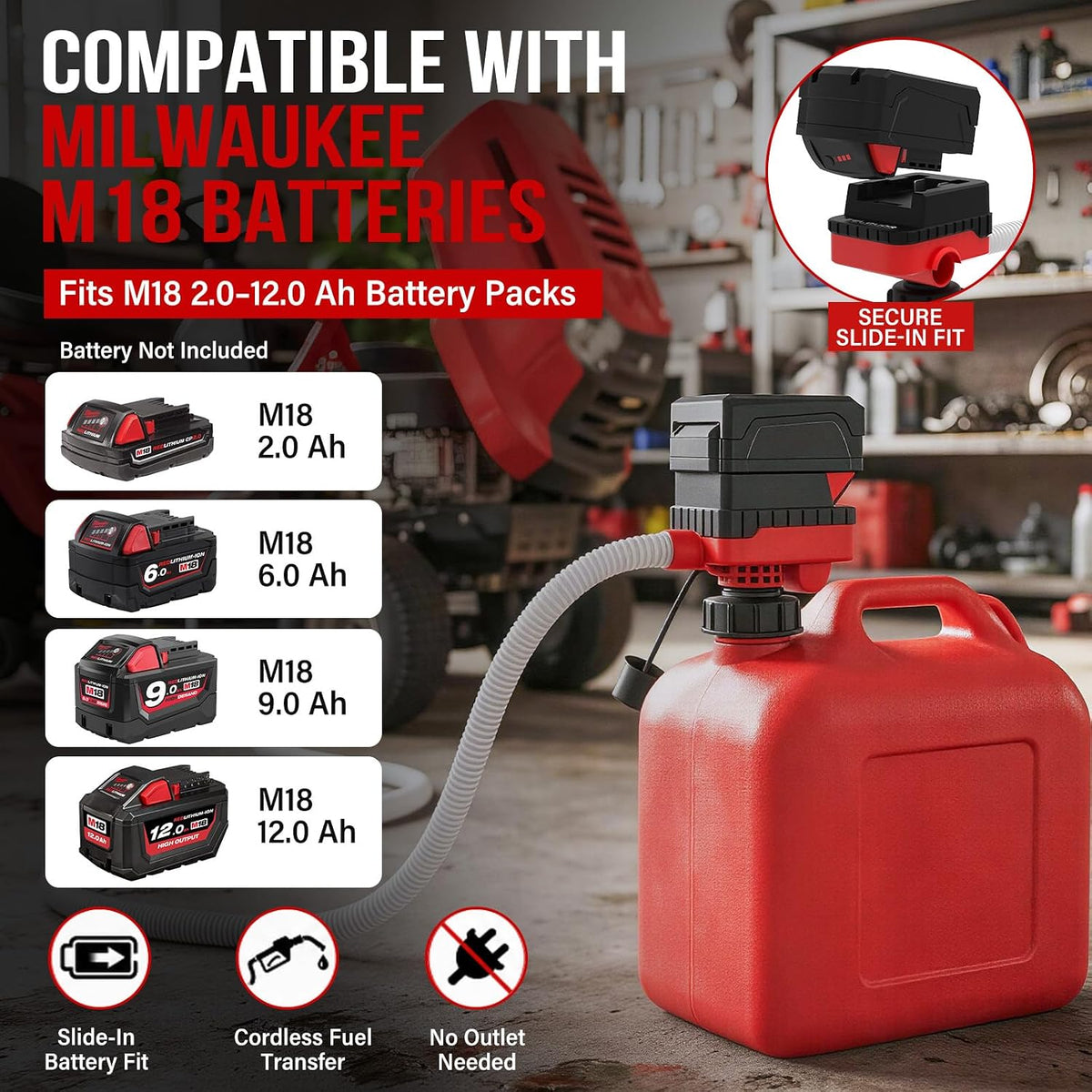 Fuel Transfer Pump for Milwaukee M18 Batteries, 4 GPM with Auto Shut-Off