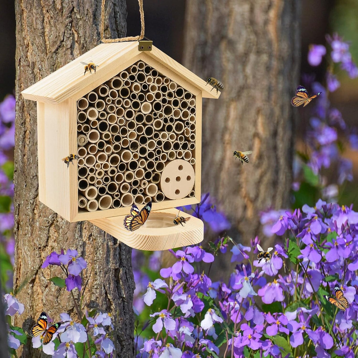 Mason Bee House with Feeding Trays, Natural Pine Wood Hanging Bee Hive