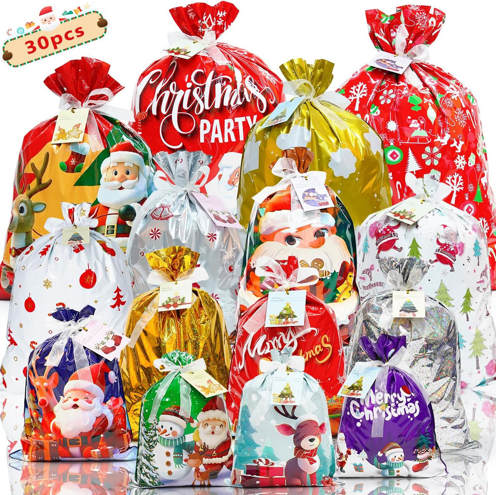 30 Pcs Christmas Gift Bags, 4 Assorted Sizes Small Medium Large