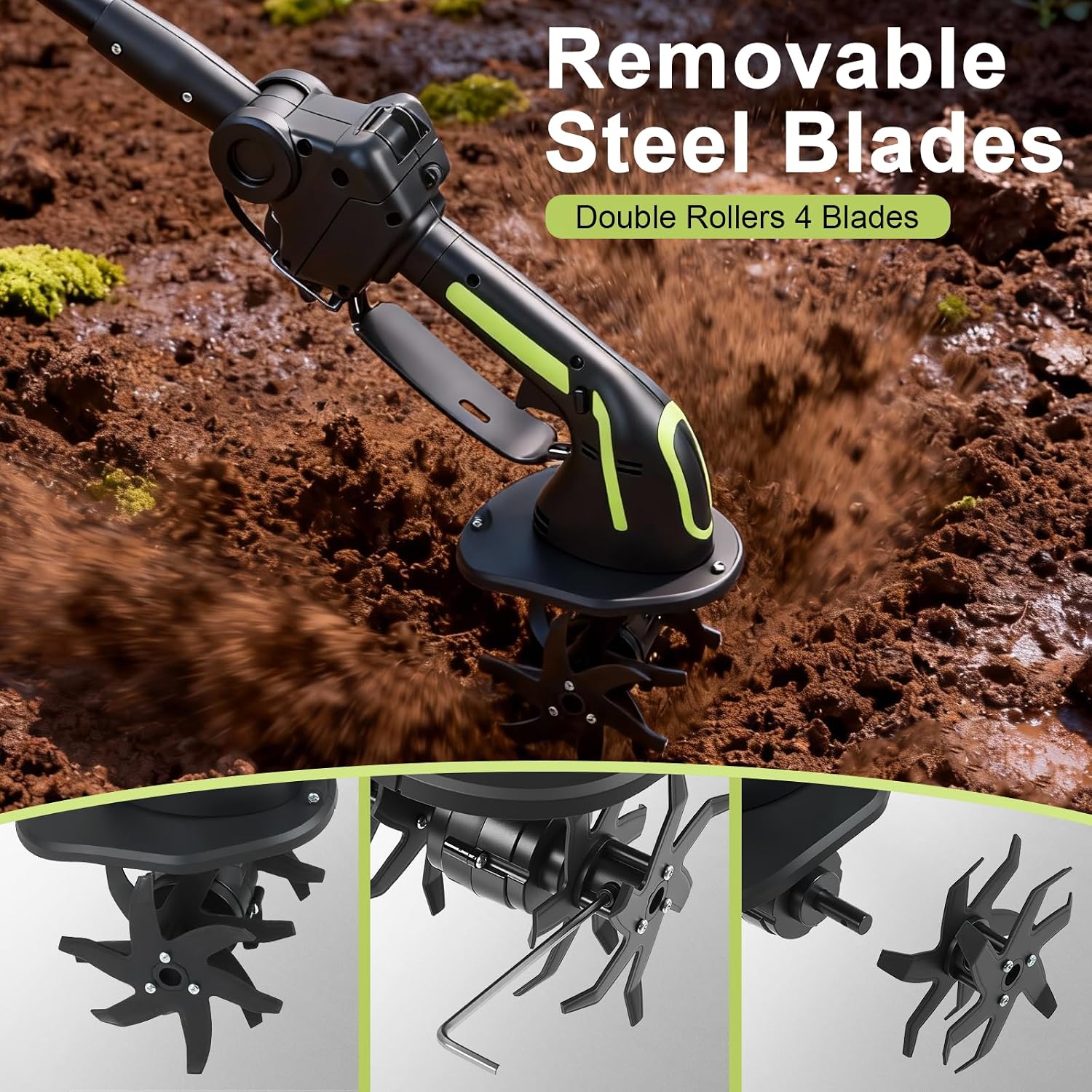 21V Cordless Tiller Cultivator, 2-in-1 Electric Garden Tiller with 2×1.5Ah Batteries, 550W Hand Tiller, 100mm Tilling