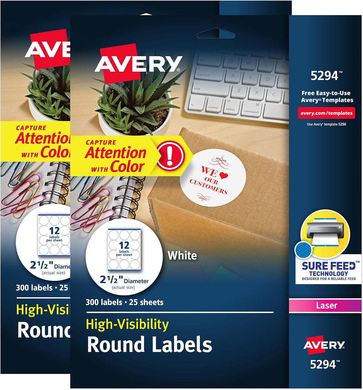 High Visibility Printable Round Labels, Sure Feed Technology, 2.5" Diameter, White, Laser Printer, 300 per Pack, 2