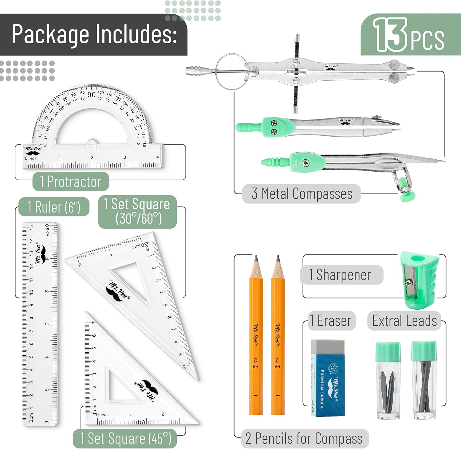 Geometry Set, 13 pcs, 3 Metal Compasses, Protractor, 6" Ruler | 45° & 30°/60° Set Squares, Pencils, Lead Refills