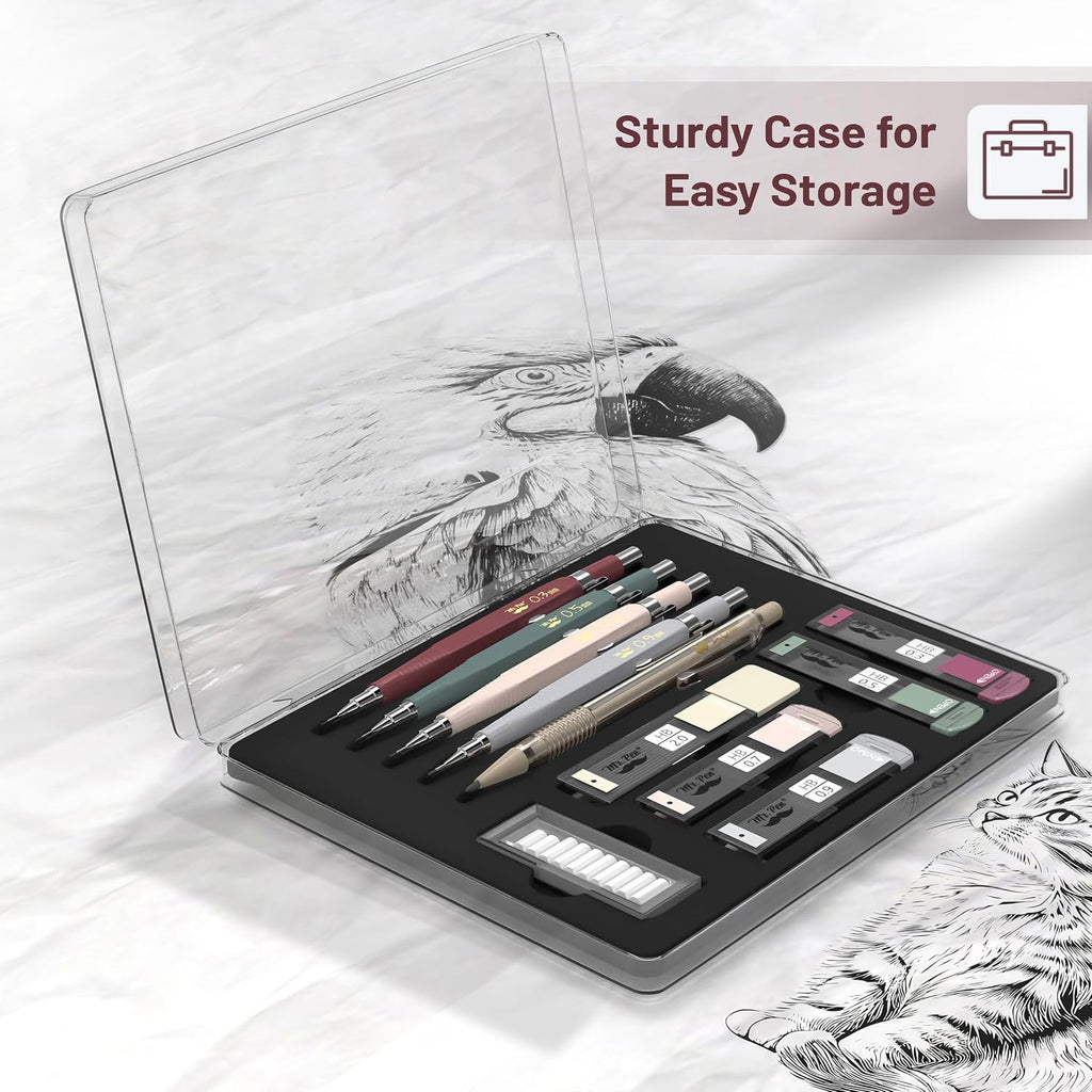 Art Mechanical Pencil Set, 5 Sizes (0.3, 0.5, 0.7, 0.9, 2.0mm) | 5 HB Lead Refills & 10 Eraser Refills, Precision
