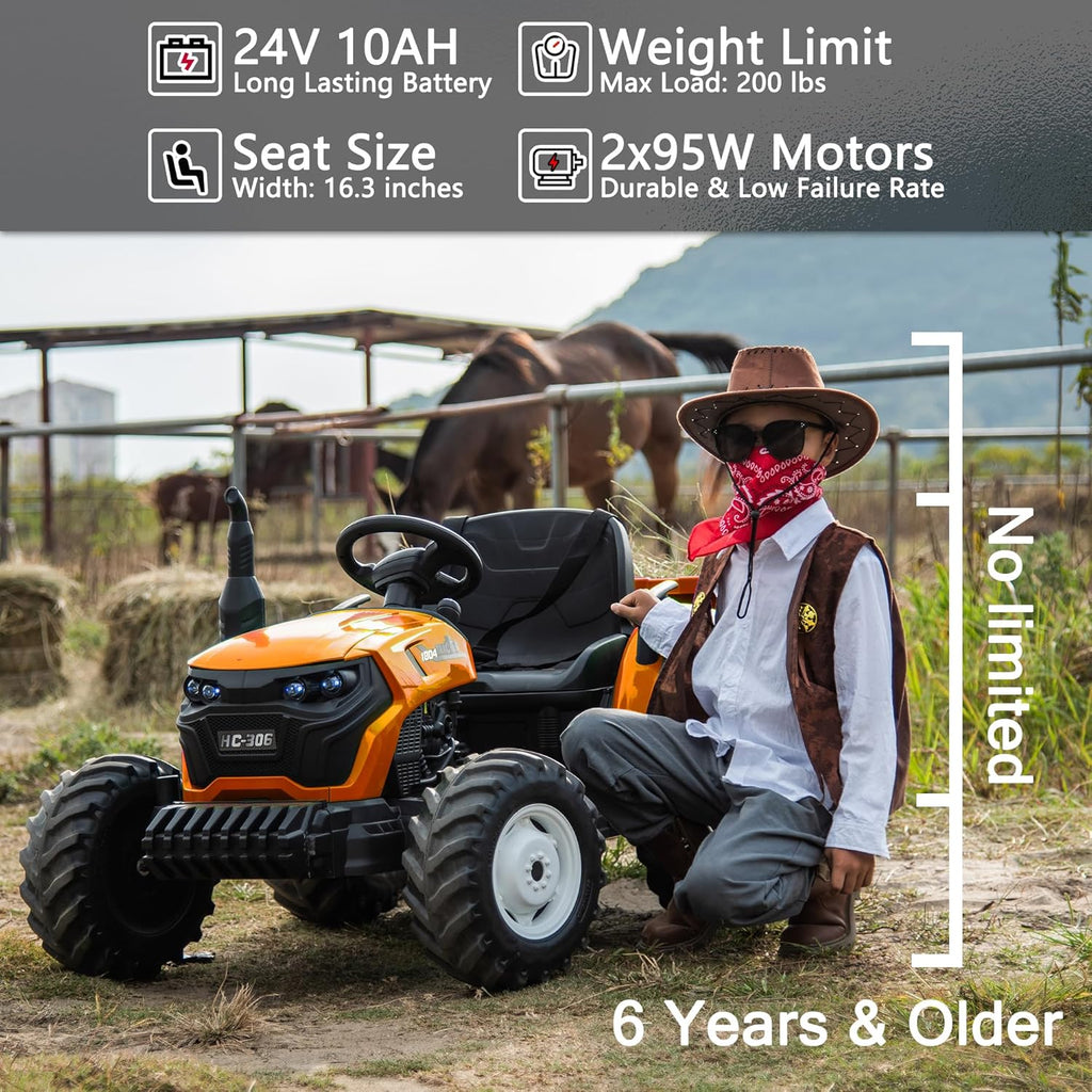 24V Ride On Tractor with Electric Trailer 2WD Ride On Toy Car for Big Kids 6+, Remote Control, Extra Large EVA