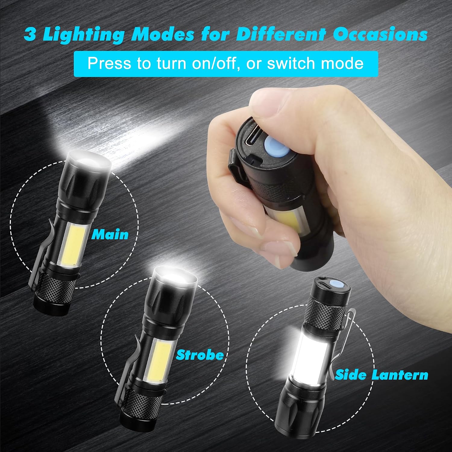 4 Pack Rechargeable Flashlights Zoomable mini Small Bright Clip-On Light EDC Flash Light with Side COB Light for