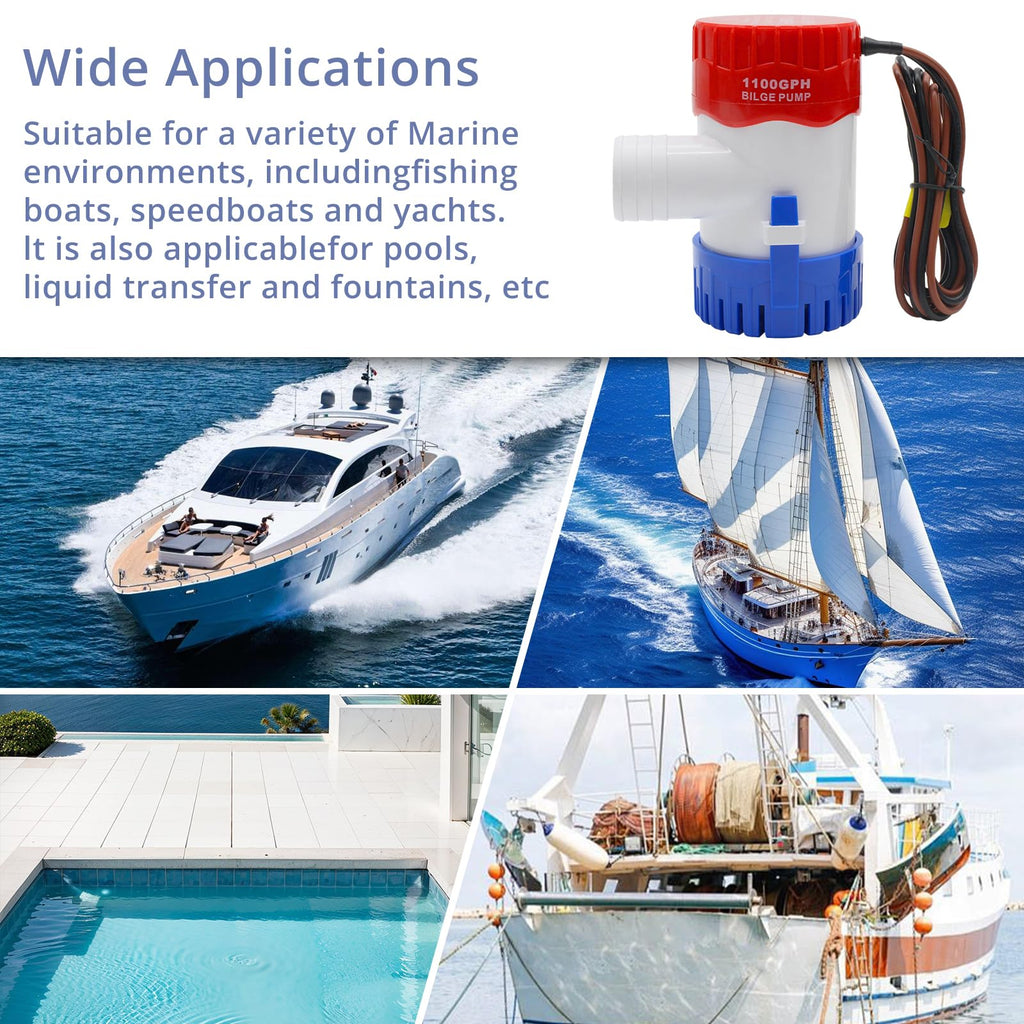 HXH 1100 GPH 12V Bilge Pump Kit, 1-1/8 Inch Hose, Automatic Float Switch