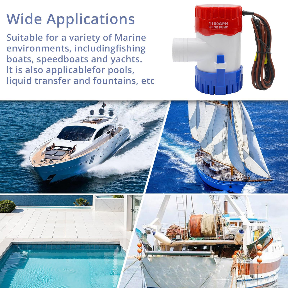 HXH 1100 GPH 12V Bilge Pump Kit, 1-1/8 Inch Hose, Automatic Float Switch