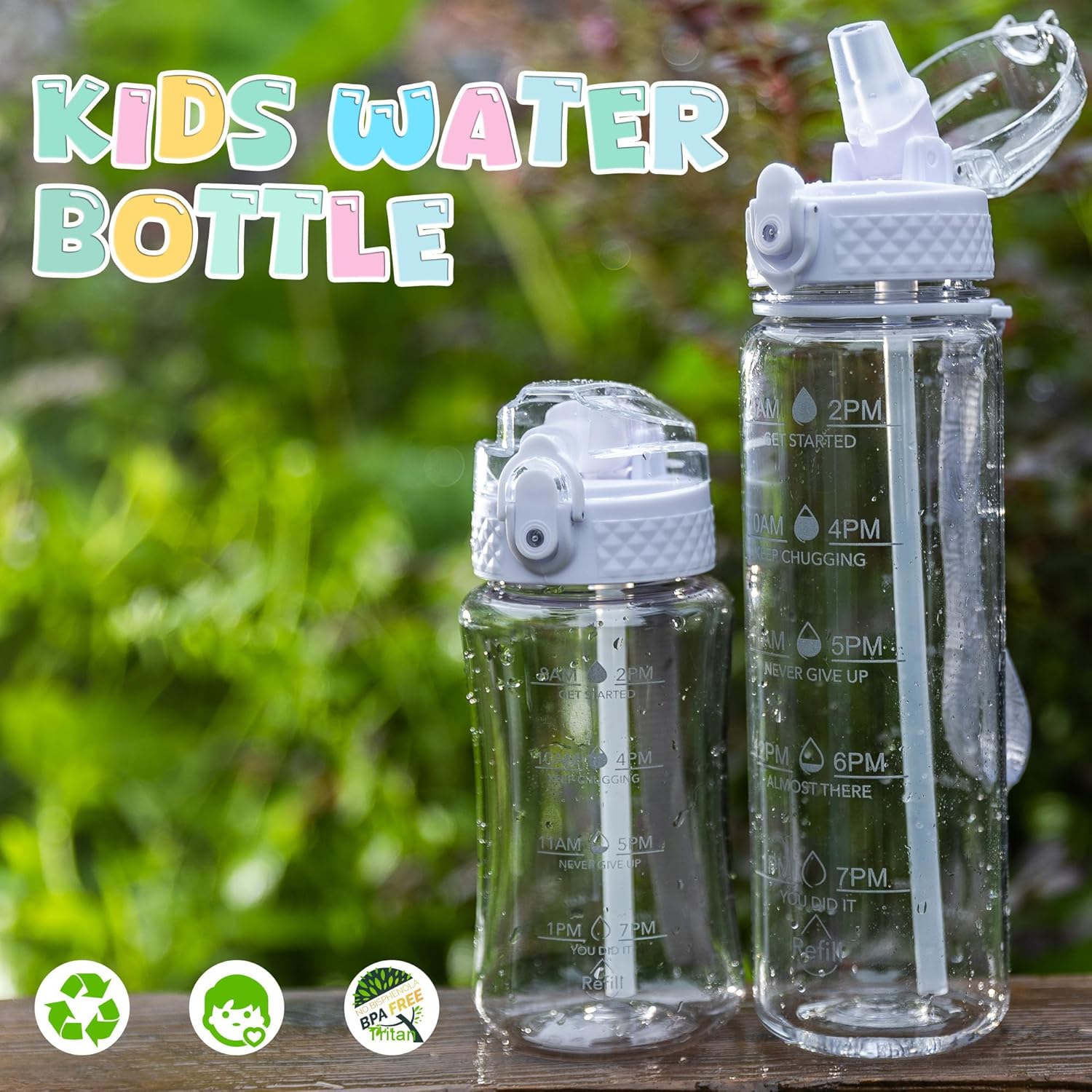 17oz Kids Water Bottle, Tritan BPA-Free, Leakproof Flip Straw Lid, Motivational Time Marker, Carry Strap, Reusable