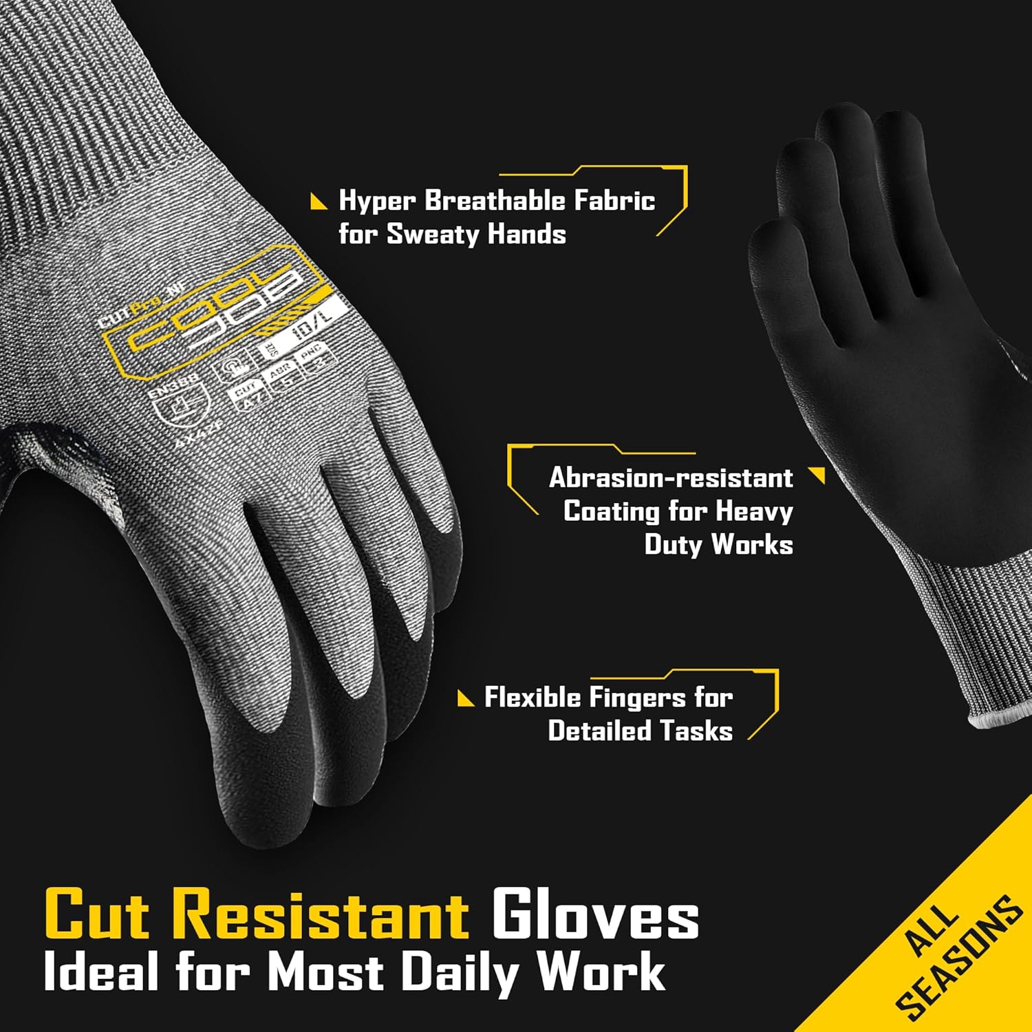 ANSI A7 Cut Resistant Gloves, Cut Proof Work Gloves with Grip, Touchscreen