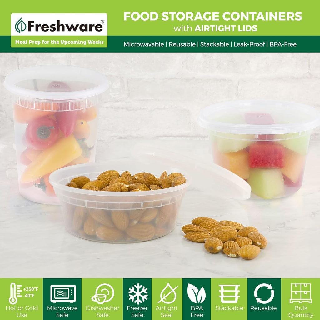Food Storage Containers with Lids [60 Pack 8, 16, 32 oz, 20 sets each size] Plastic Deli Containers, Meal Prep