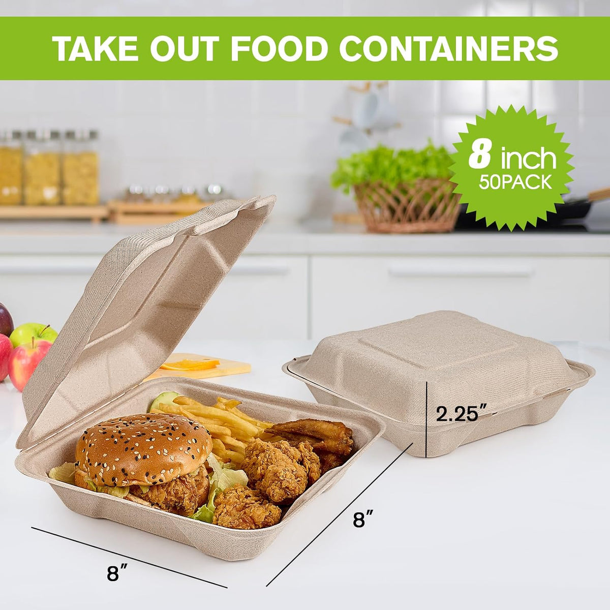 50 Pack Compostable Clamshell Take Out Food Containers, 8 inch