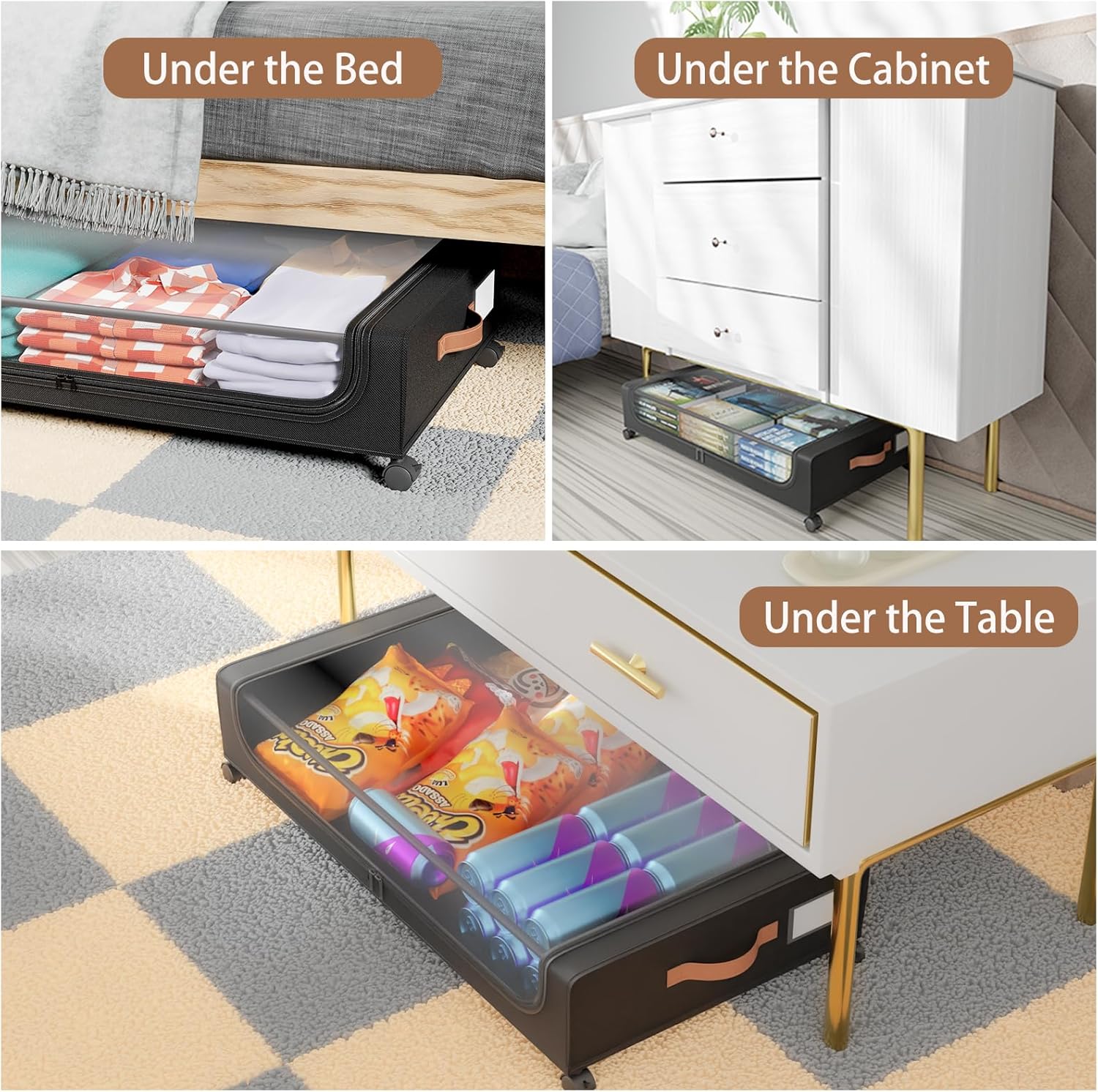 Under Bed Storage with Wheels, UnderBed Storage Containers with Clear Lid and Handles, XXL 60L Under the Bed Storage