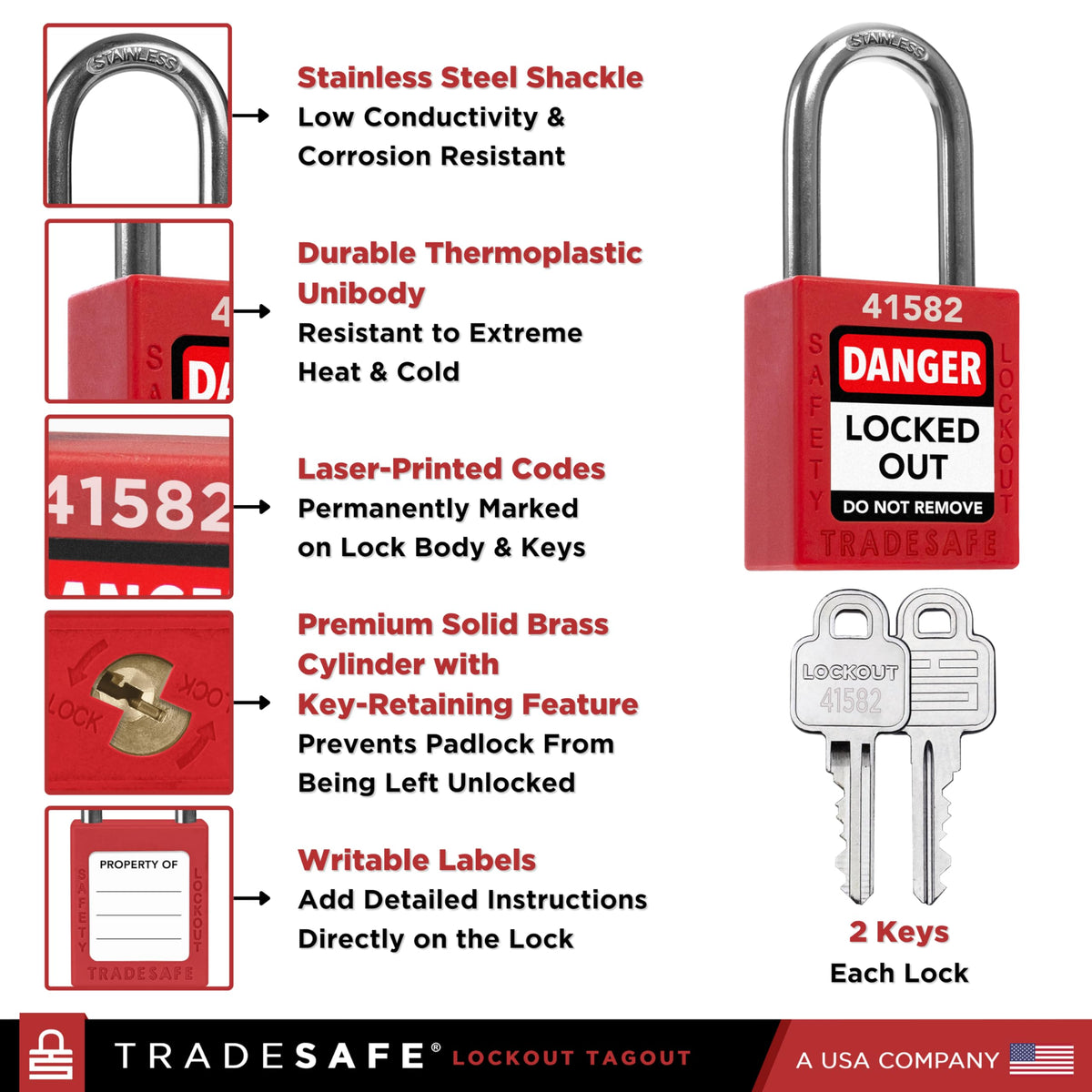 Lockout Locks, 10 Red Loto Locks Keyed Alike, 2 Keys Each
