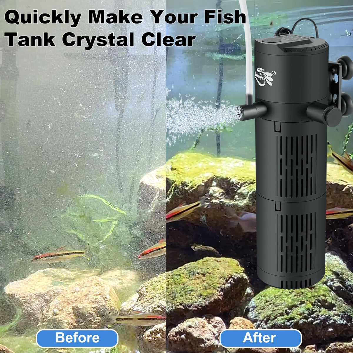 Aquarium Filter, Fish Tank Filter 4-in-1 for 30-80 Gallon Tanks, Submersible Internal Filter with Wave-Maker