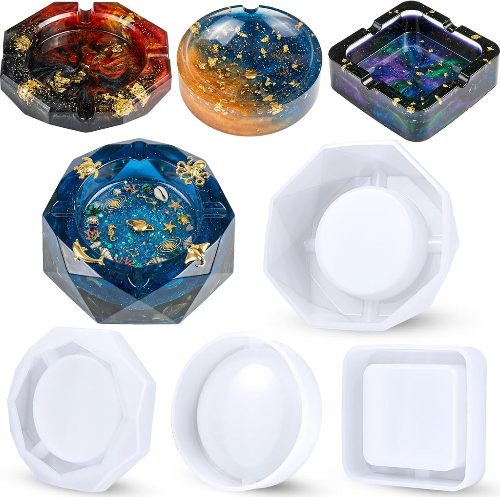 Epoxy Resin Silicone Molds Ashtray/Coaster 4 Shapes+9 Colors Glitter Powder Square/Round/Diamond DIY Casting Art