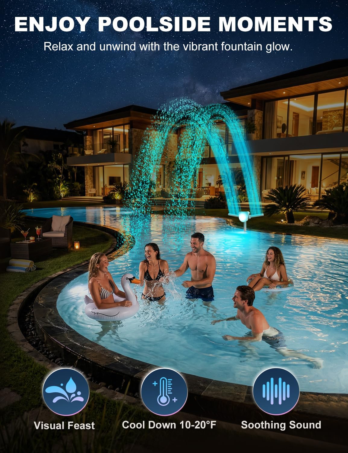 Solar Pool Fountain w/7-Color LED Lights, 2026 Dual-Head Adjustable Spray Pool Fountains for Above & Inground Pools