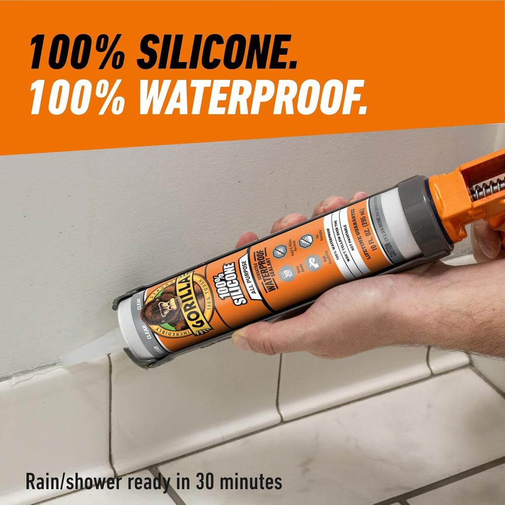 100% Silicone Waterproof Caulk, Clear, 10 oz Cartridge