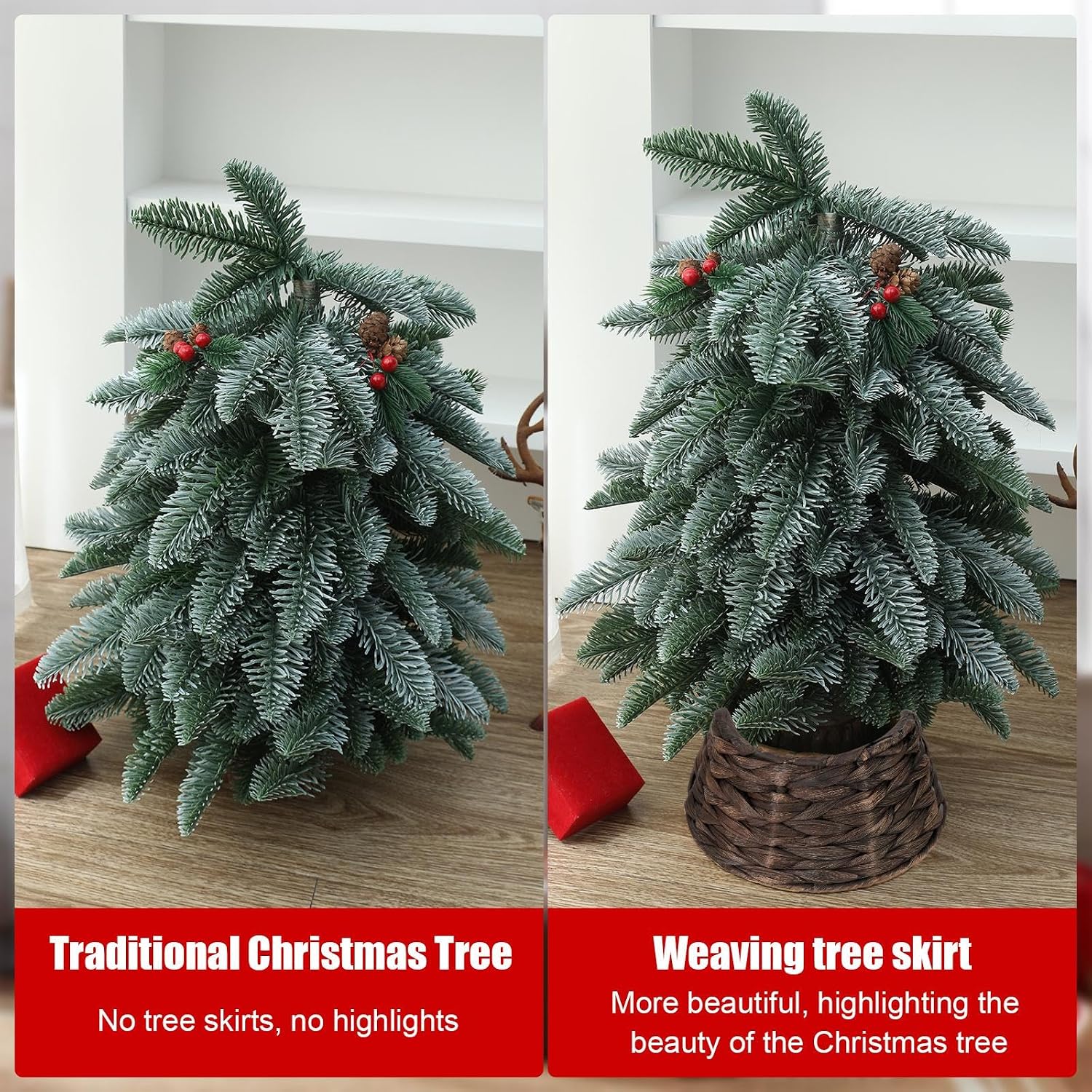 7.5-Inch Mini Christmas Tree Collar, Handcrafted Woven Hyacinth Holiday Rattan Tree Skirt Accessory-Brown