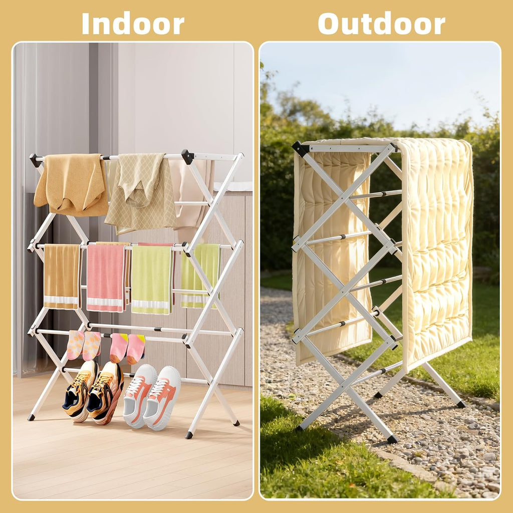 Space Saving Foldable Clothes Drying Rack, Extendable Rustproof Laundry Rack for Indoor Outdoor Use, No Assembly