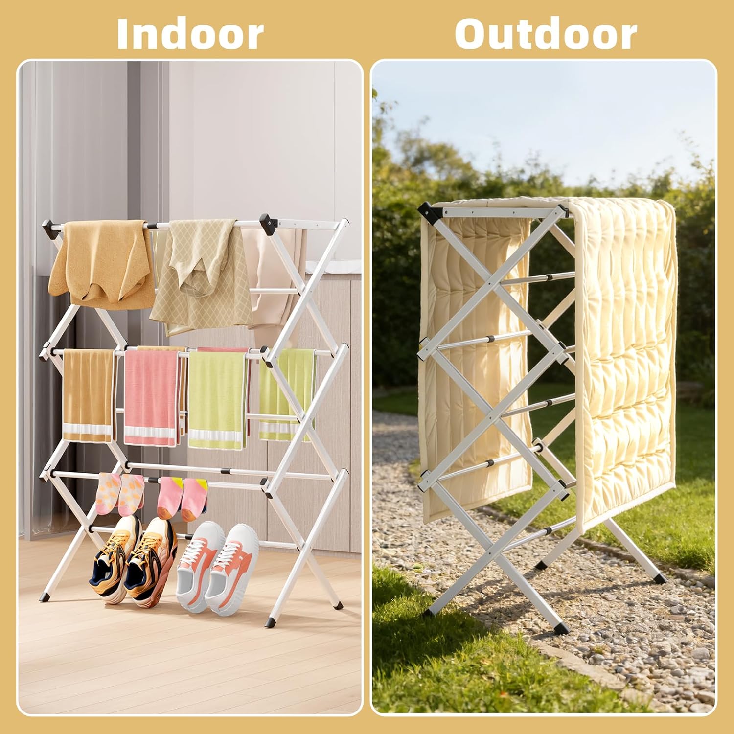 Space Saving Foldable Clothes Drying Rack, Extendable Rustproof Laundry Rack for Indoor Outdoor Use, No Assembly