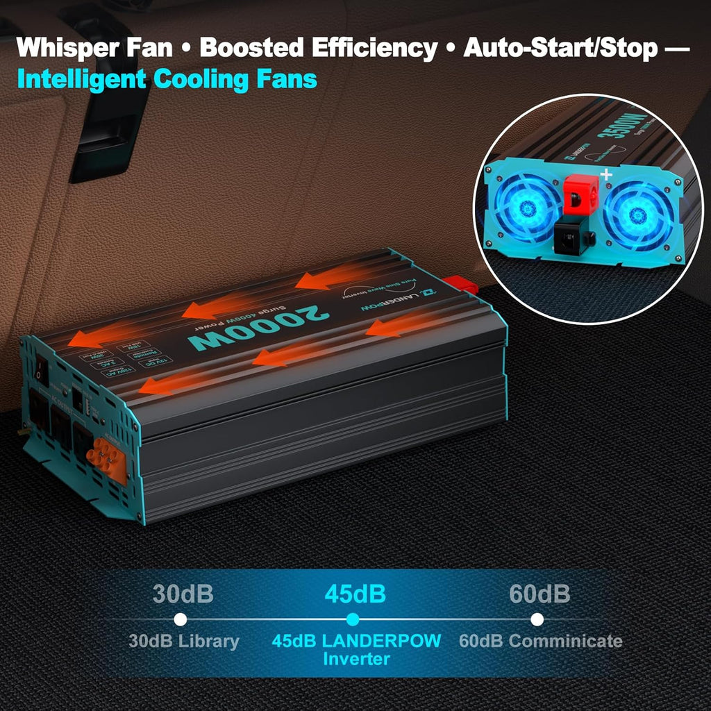 2000 Watt Inverter, 12V DC to 120V AC Pure Sine Wave 4000W Surge | Power Inverters with Remote Control, 3 AC Outlets