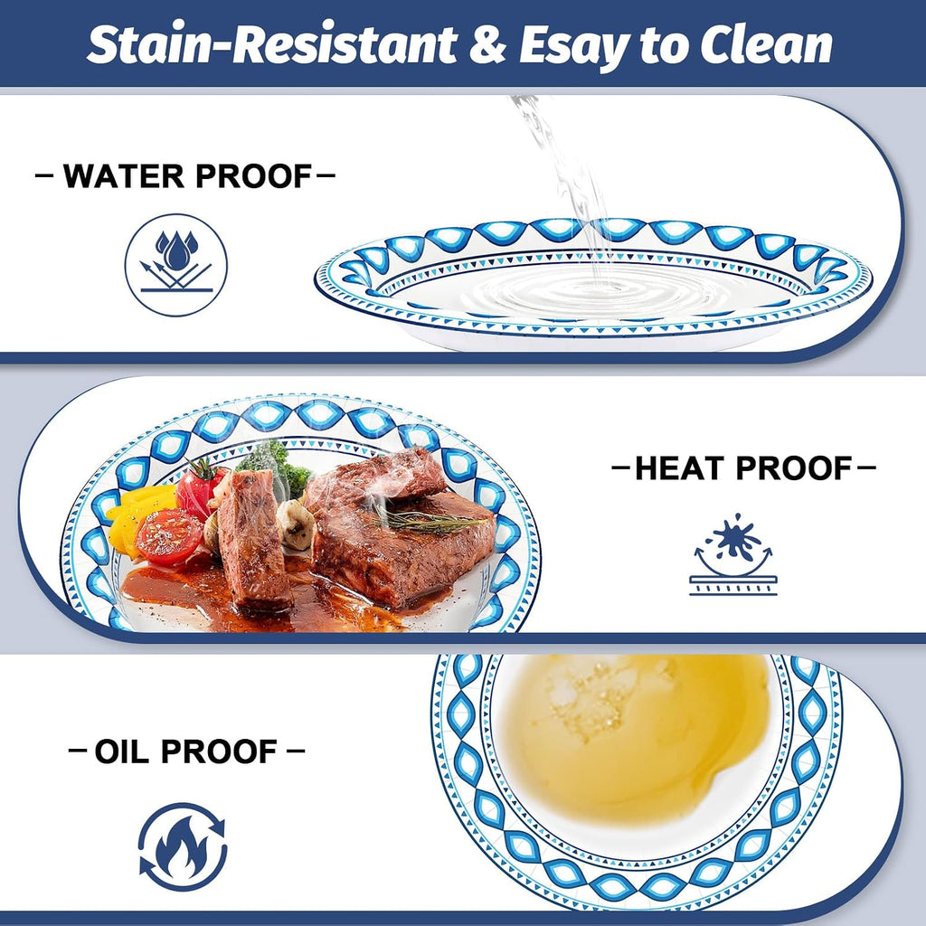 200 Pack 8.5 Inch Disposable Heavy Duty Blue Printed Paper Plate