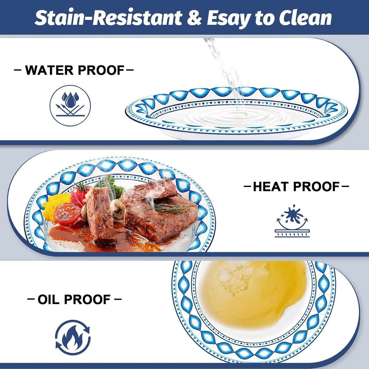 200 Pack 8.5 Inch Disposable Heavy Duty Blue Printed Paper Plate