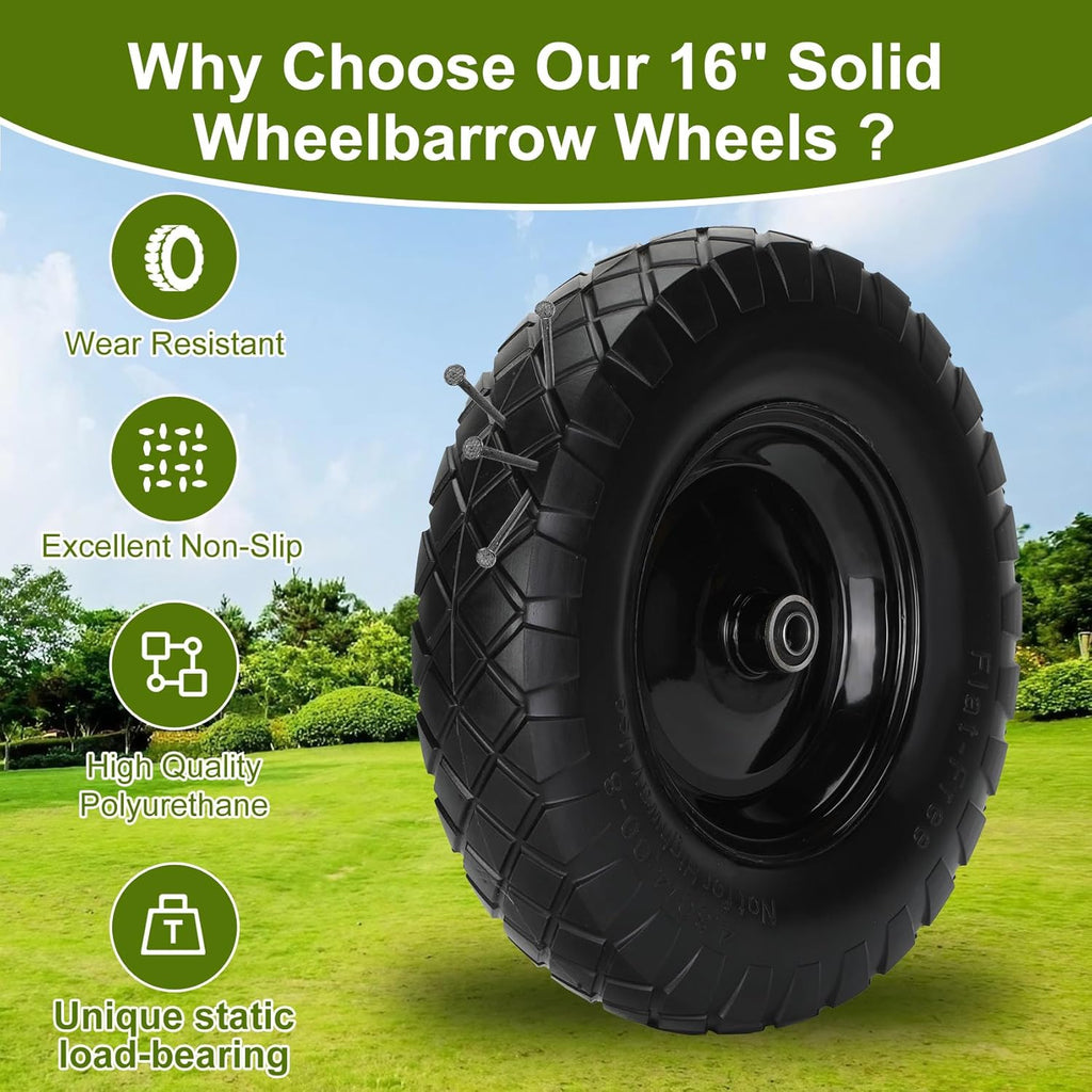 Upgraded 16" Flat Free Wheelbarrow Wheels and Tires, 4.80/4.00-8 Solid Tires with 5/8" & 3/4" Bearings,14"-16"