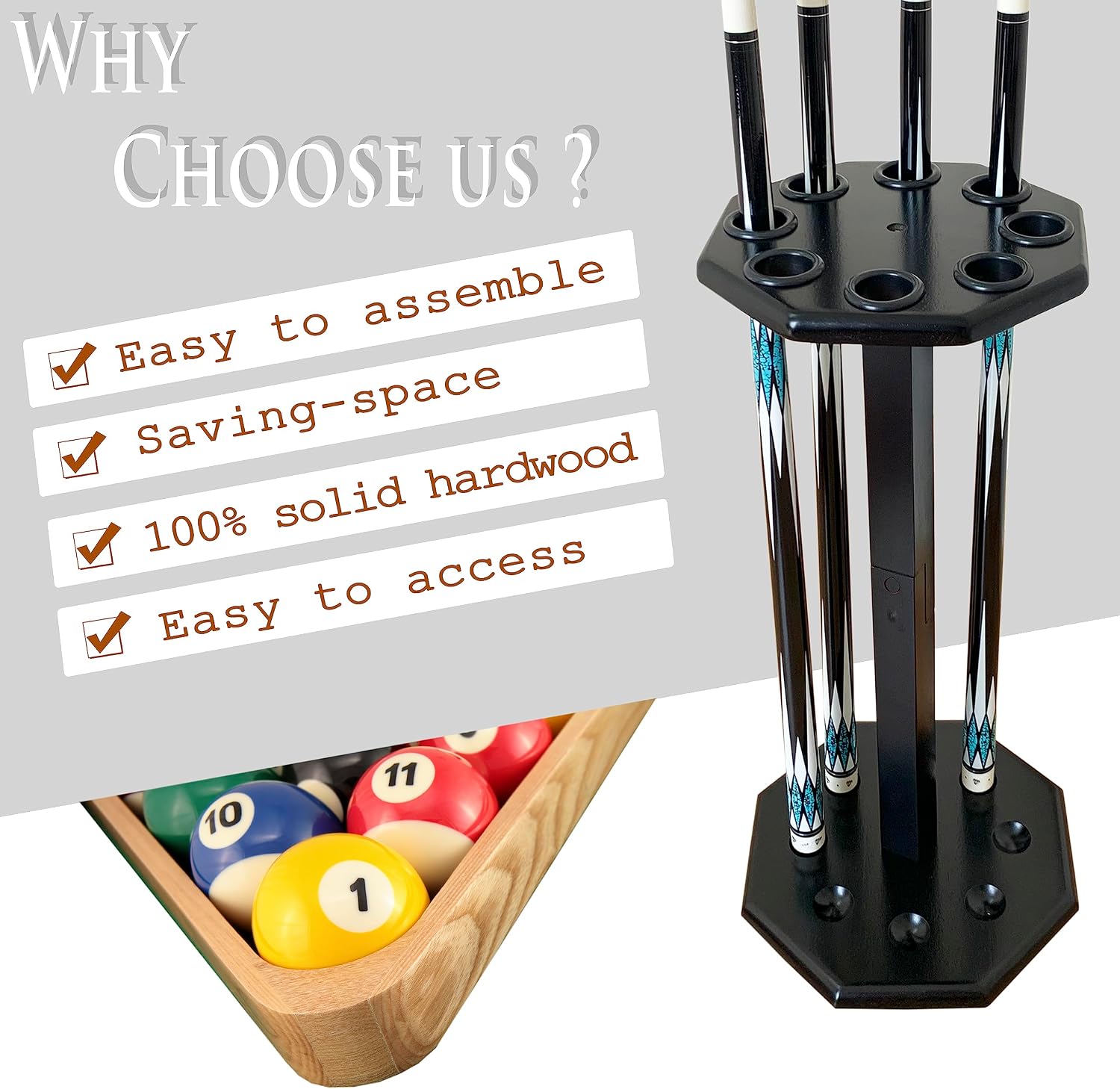 Freestanding Billiard Cue Rack, Pool Table Accessories Hold 8 Cues, Pool Cue Stick Holder, Wooden Floor Stand Pool