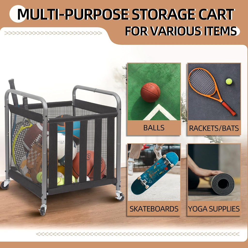 Ball Storage Bin Rolling Sports Ball Cart, Metal Garage Organizer Sport Rack Basketball Storage Cage for Garage or