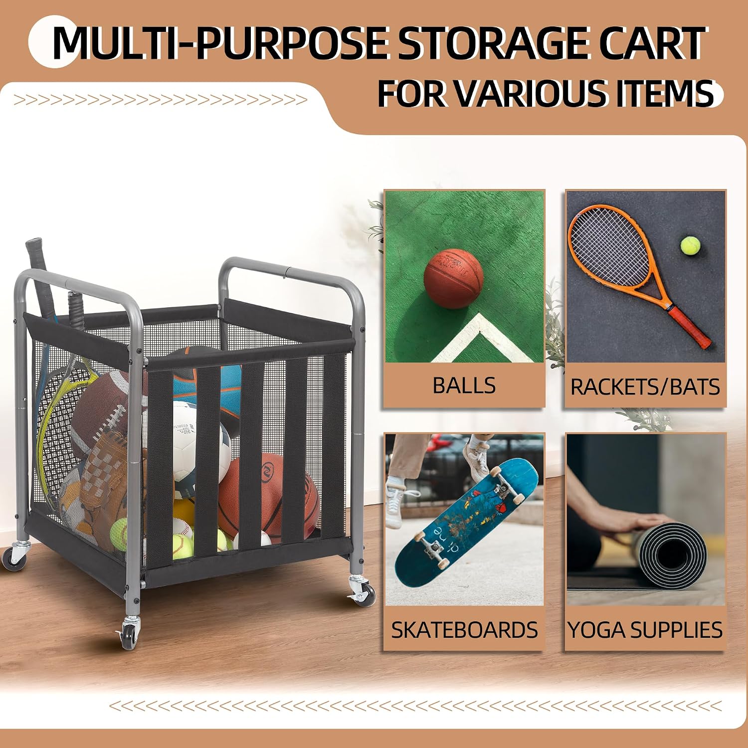 Ball Storage Bin Rolling Sports Ball Cart, Metal Garage Organizer Sport Rack Basketball Storage Cage for Garage or