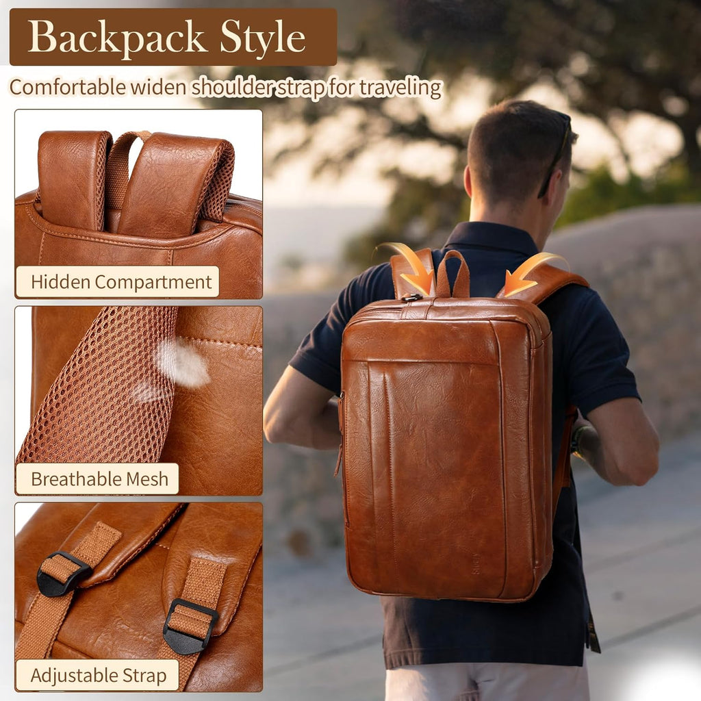 Faux Leather Messenger Bag for Men | 17-17.3 Inch Leather Mens Laptop Bag Leather Briefcasen Convertible Backpack 3