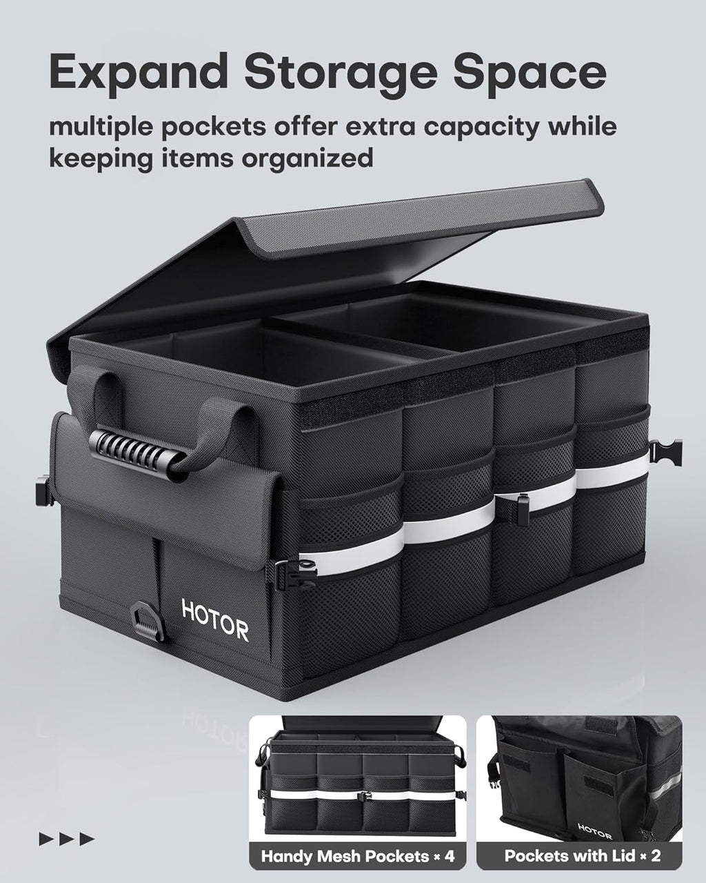 Car Trunk Organizer - Foldable Trunk Organizer for SUV, Car Storage with Reflective Strips & Securing Cover, Large