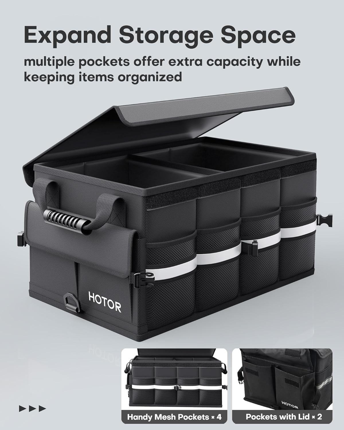 Car Trunk Organizer - Foldable Trunk Organizer for SUV, Car Storage with Reflective Strips & Securing Cover, Large