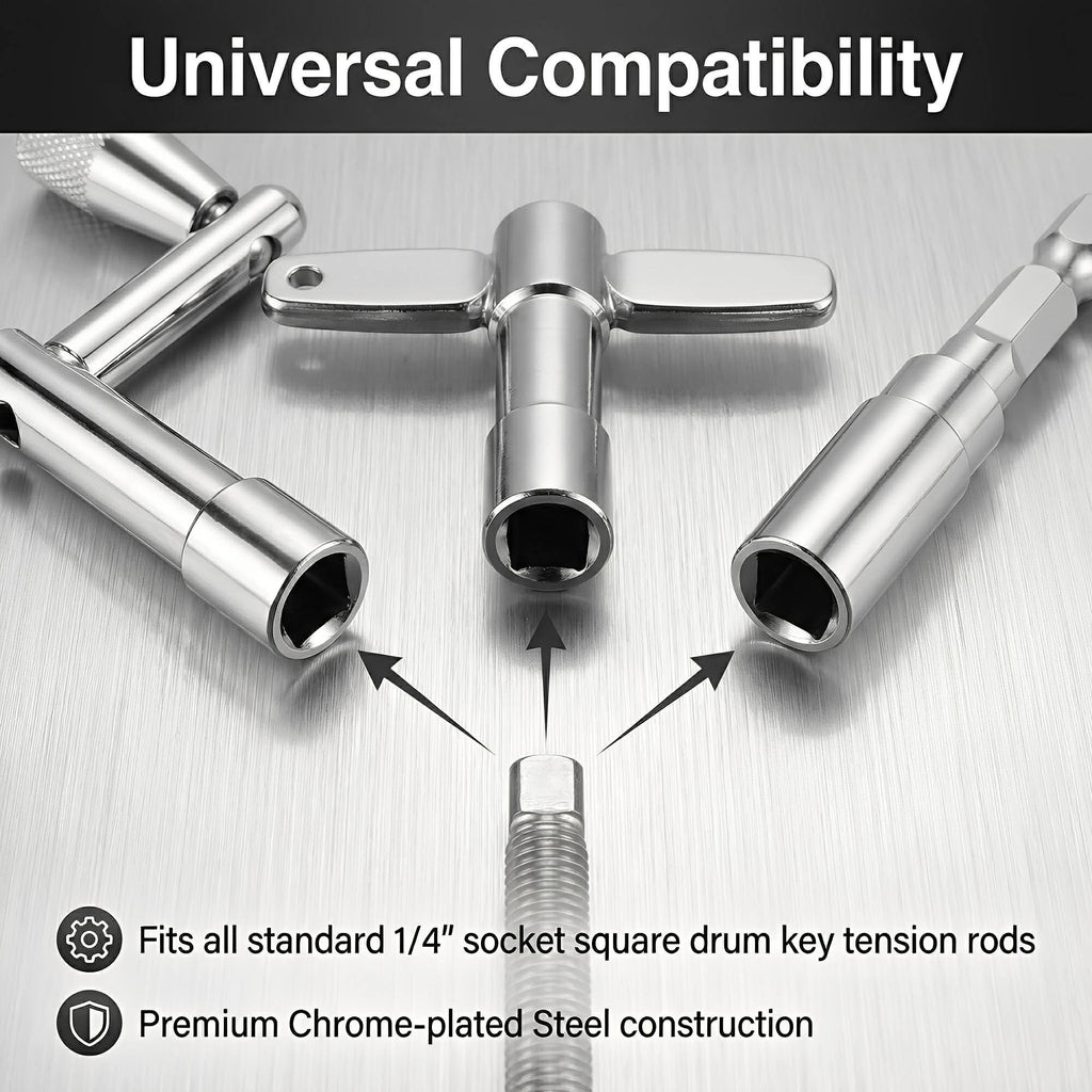 Drum Key Set with Drill Bit Adapter, Speed Standard Keys Chrome