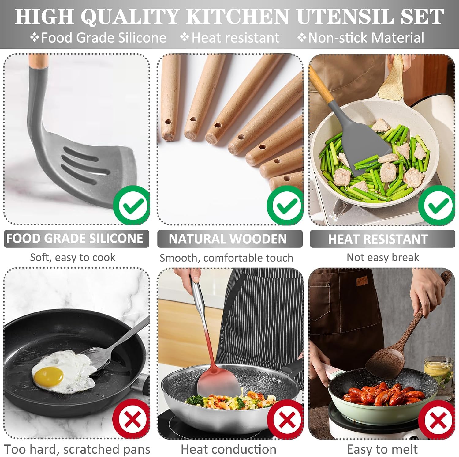 Silicone Cooking Utensils Set, 43Pcs Non-Stick Heat Resistant Kitchen Utensils Spatula Set with Wooden Handle for