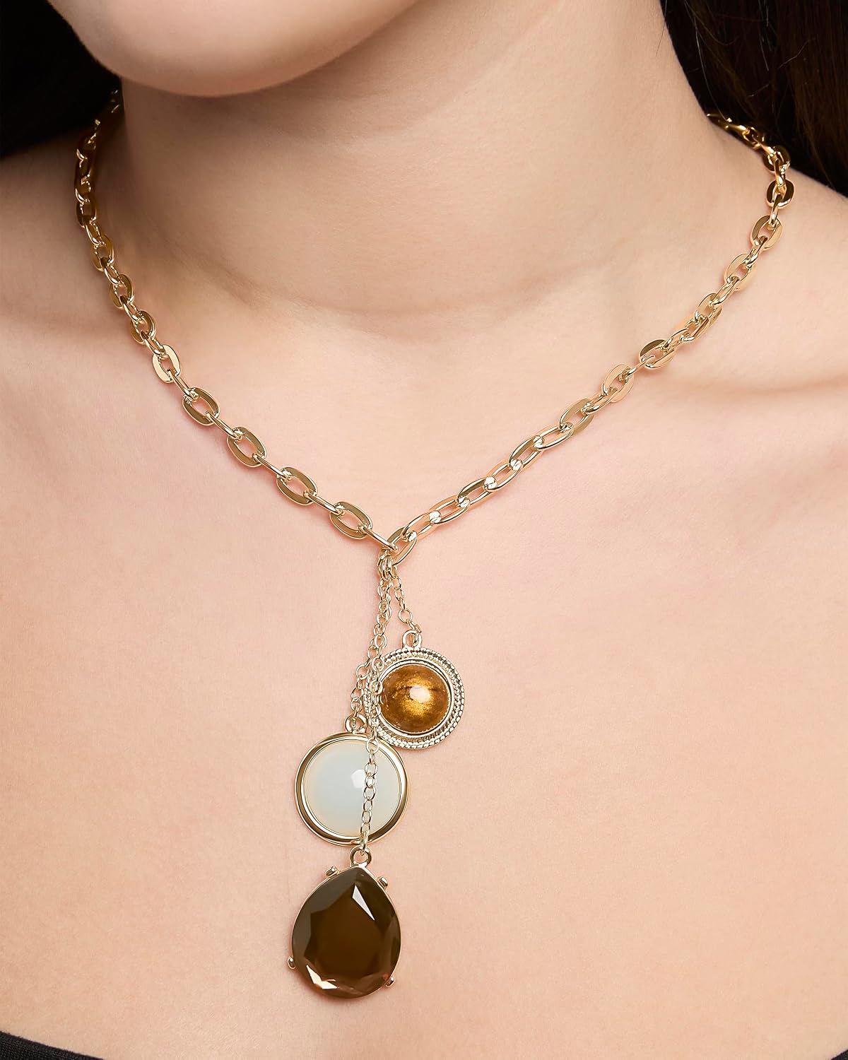 Resin Stone Dangle Pendant Necklace for Women, 18"+3" Gold-Tone Statement Necklace
