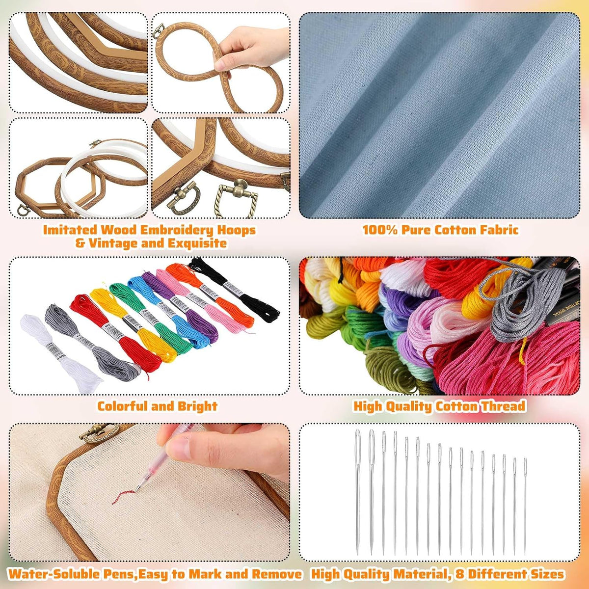 138 Pcs Embroidery Kit 9 Hoop 100 Thread 5 Fabric 16 Needles | Bamboo Frames in 3 Shapes, Rainbow Floss Skeins, 8