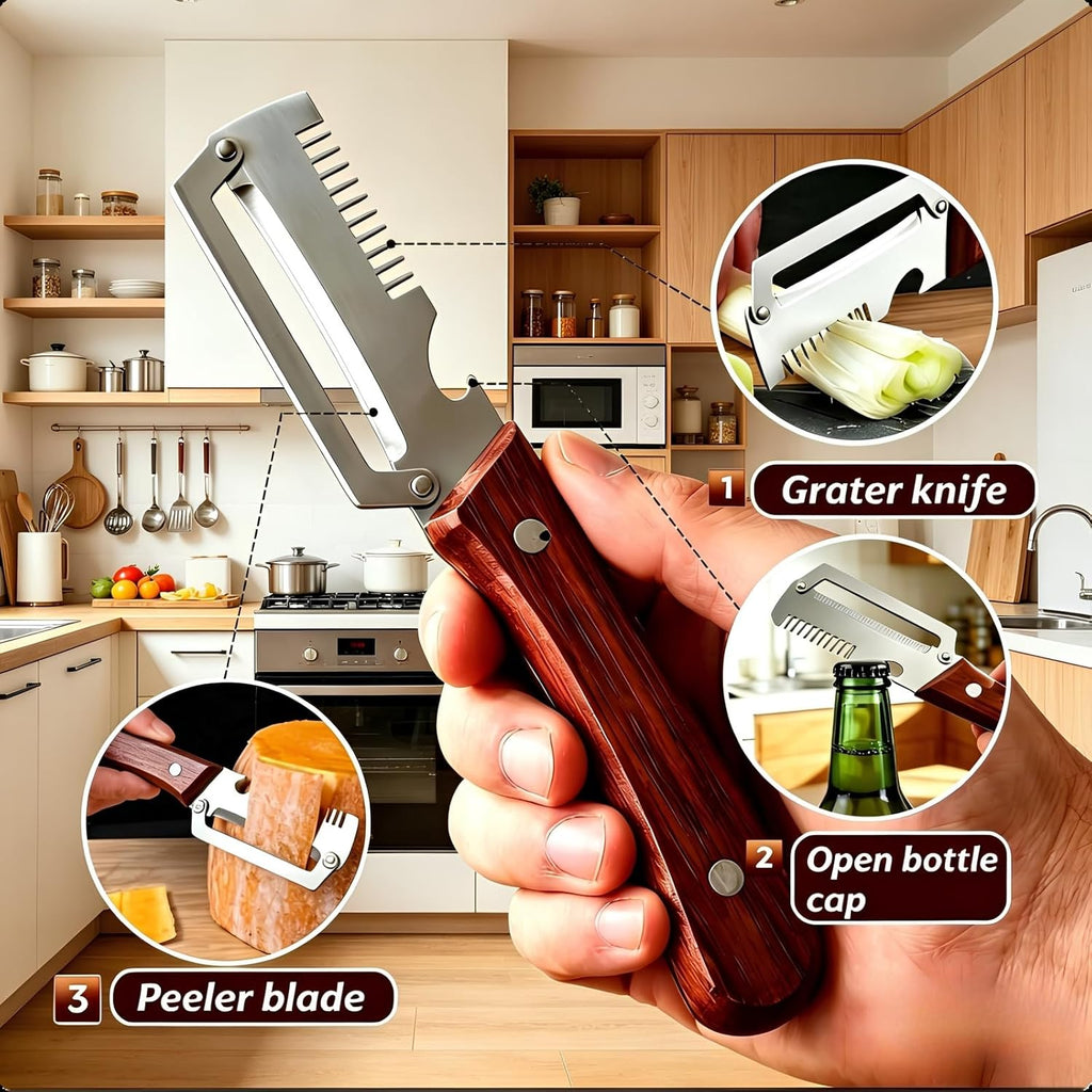 2-Pack Multifunctional Vegetable Peeler, 3 in 1 Kitchen Peeler with Wooden Handle, Grater & Bottle Opener for Potato